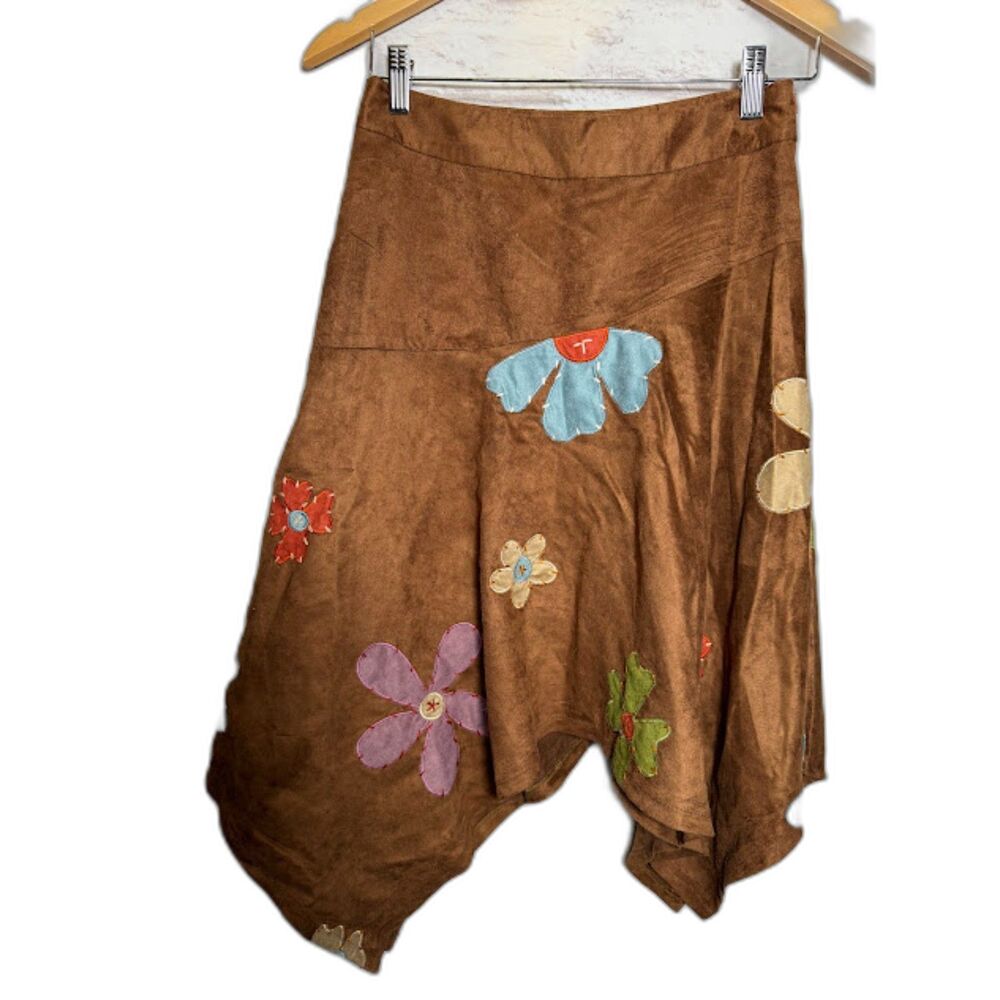 VTG Suede Asymmetrical Hem Skirt Retro Floral Patchwork hippie size small soft